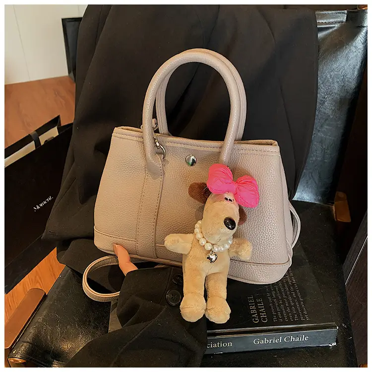 Women Cream Leather Large Tote Bag with Doll Charm — feature 20