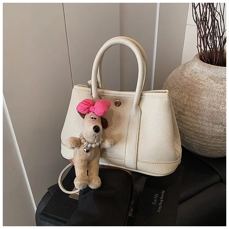 Women Cream Leather Large Tote Bag with Doll Charm — feature 21