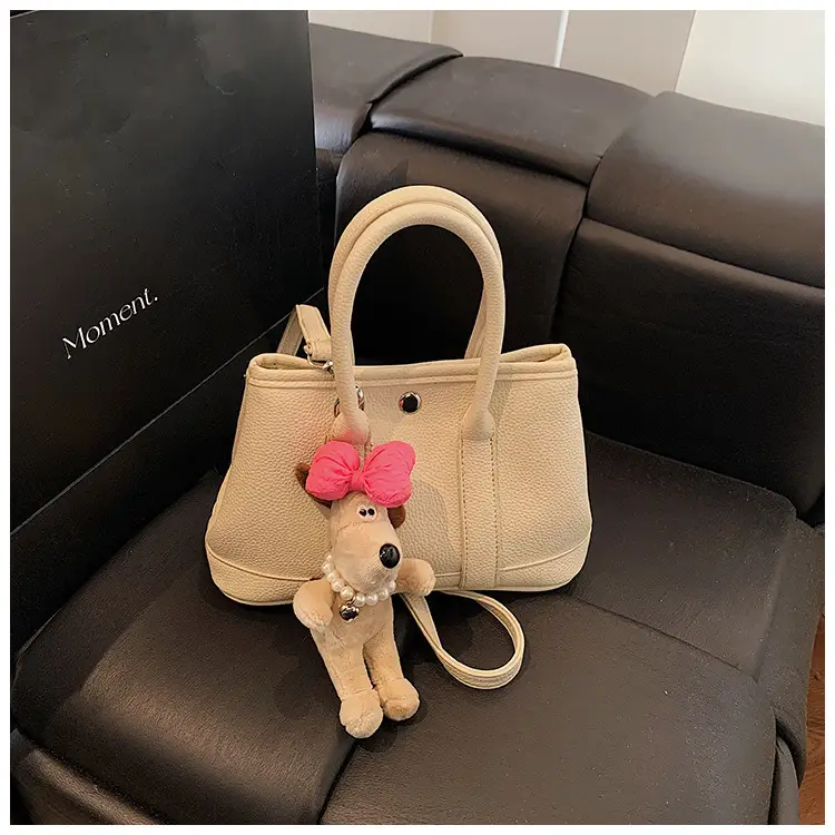 Women Cream Leather Large Tote Bag with Doll Charm — feature 24