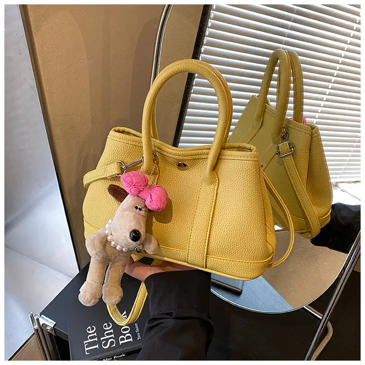 Women Cream Leather Large Tote Bag with Doll Charm — feature 29