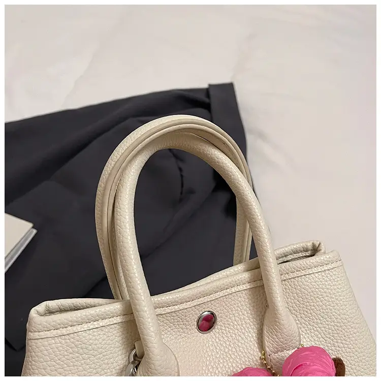 Women Cream Leather Large Tote Bag with Doll Charm — feature 6