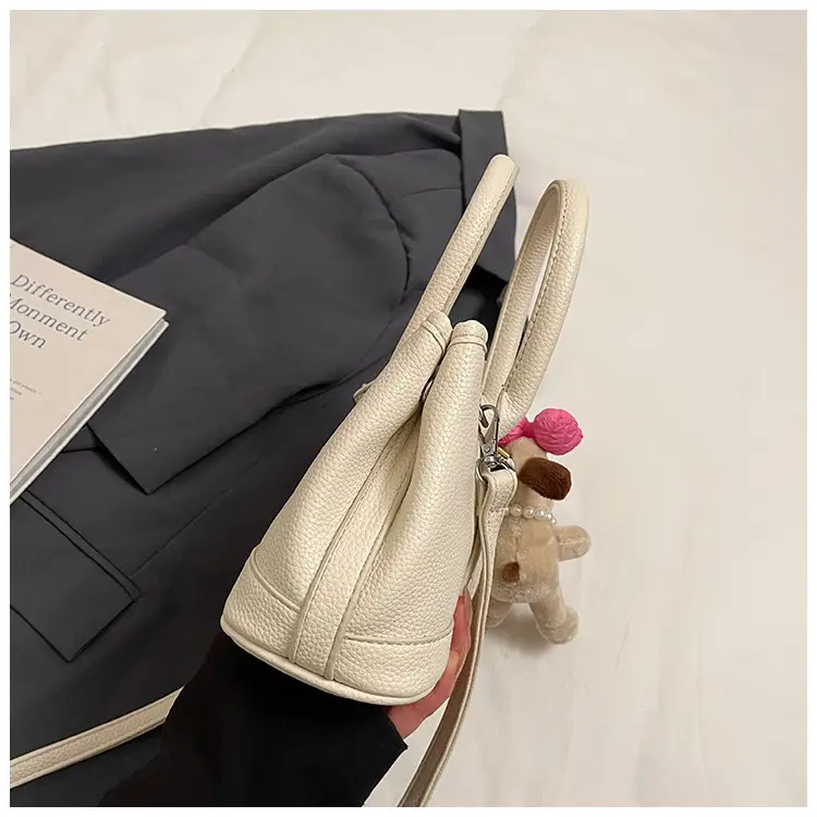 Women Cream Leather Large Tote Bag with Doll Charm — feature 7