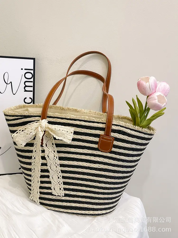 Women's Large Straw Veggie Basket with Lace Bow - Image 3