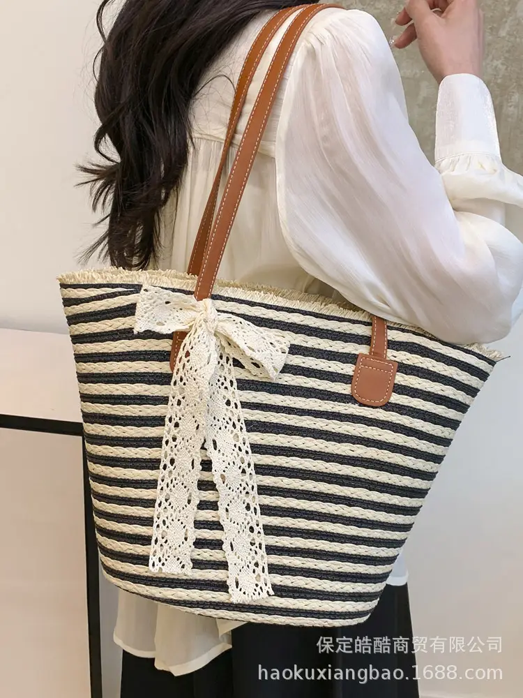 Women's Large Straw Veggie Basket with Lace Bow - Image 4