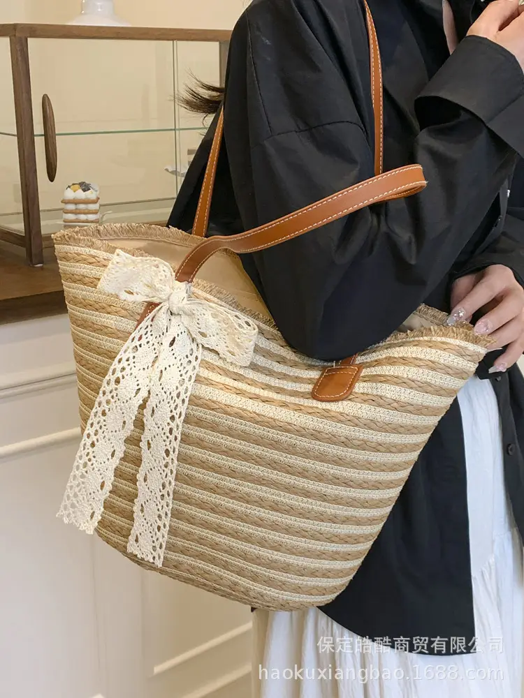 Women's Large Straw Veggie Basket with Lace Bow - Image 5