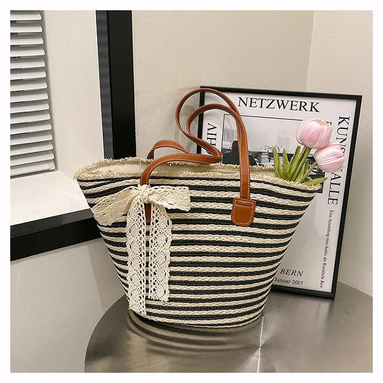 Women's Large Straw Veggie Basket with Lace Bow — feature 13