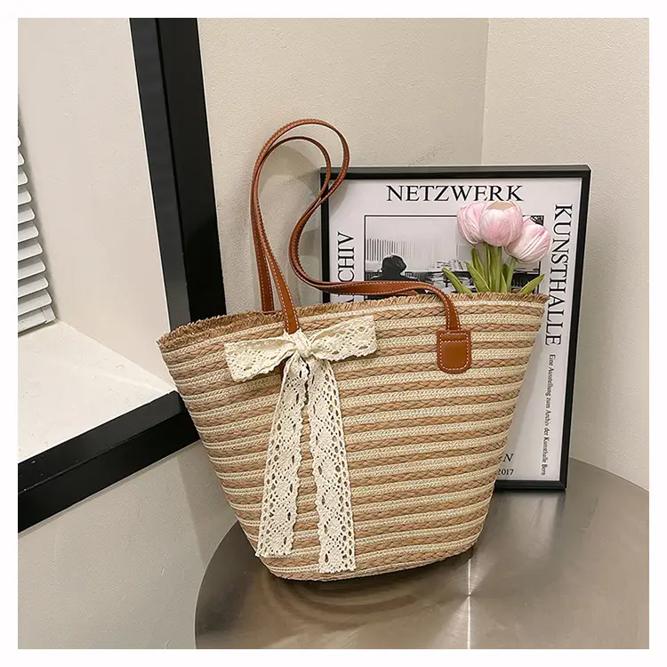 Women's Large Straw Veggie Basket with Lace Bow — feature 14