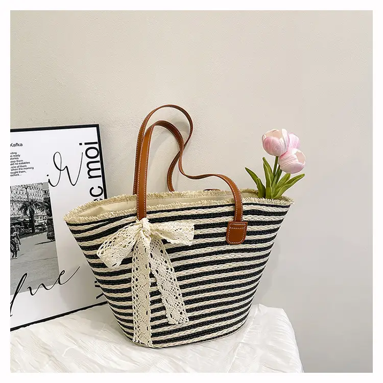 Women's Large Straw Veggie Basket with Lace Bow — feature 15