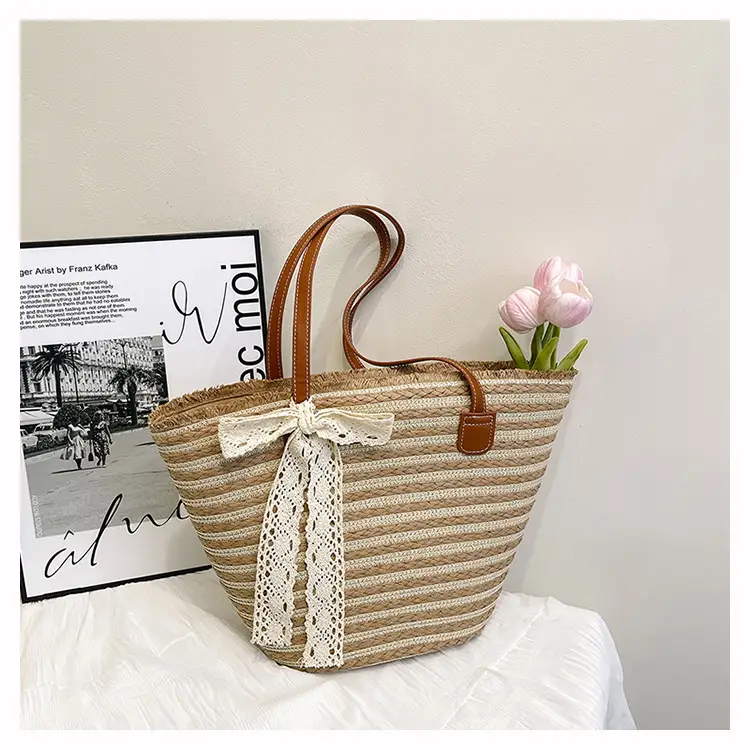 Women's Large Straw Veggie Basket with Lace Bow — feature 16