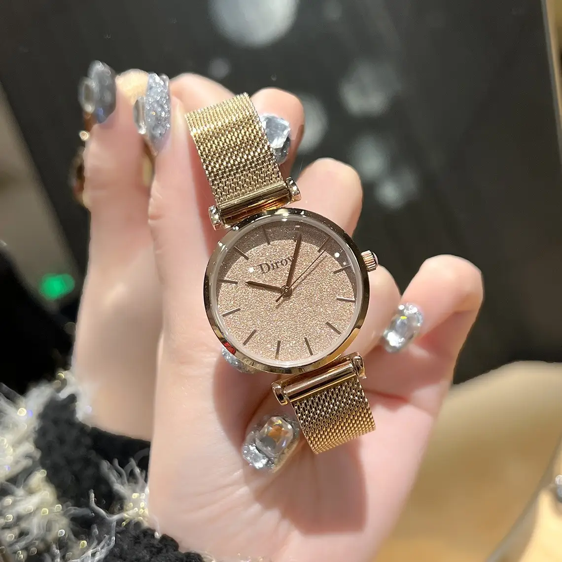 Women's Waterproof Faux Fur Bracelet Watch with Diamond Ring - Image 4