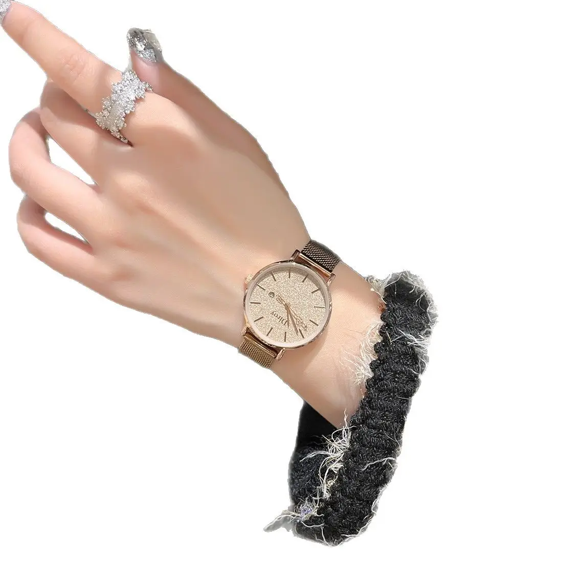 Women's Waterproof Faux Fur Bracelet Watch with Diamond Ring - Image 5