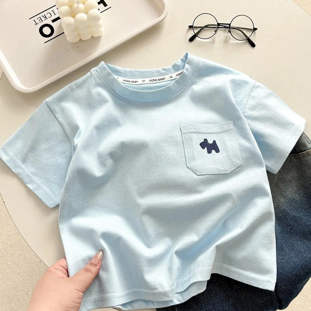 Light Blue Pure Cotton Boys T-Shirt with Pocket Design - Image 3