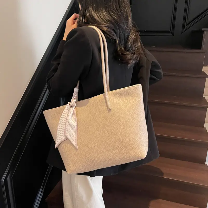 Women's Beige Textured Shoulder Bag with Lace Trim - Image 3