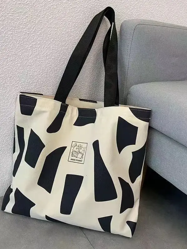 Women's Canvas Artistic Tote Bag Brown White Large Capacity