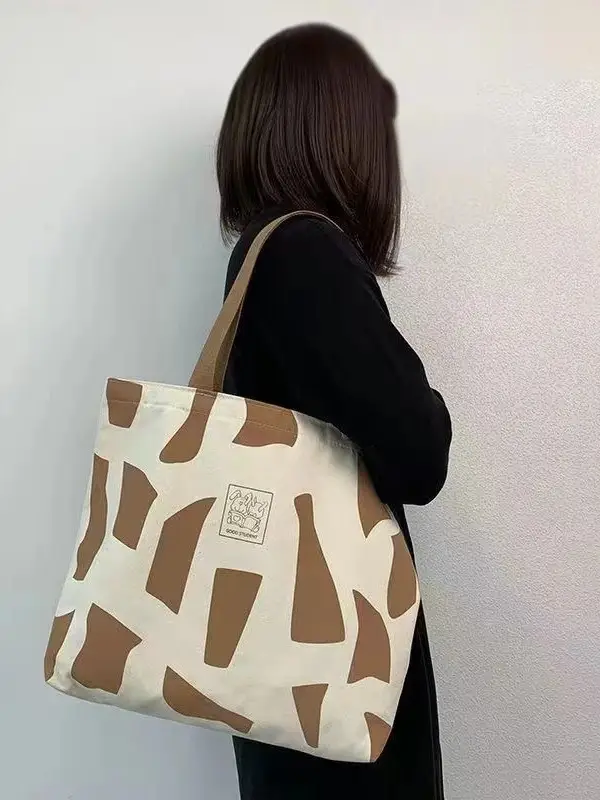 Women's Canvas Artistic Tote Bag Brown White Large Capacity