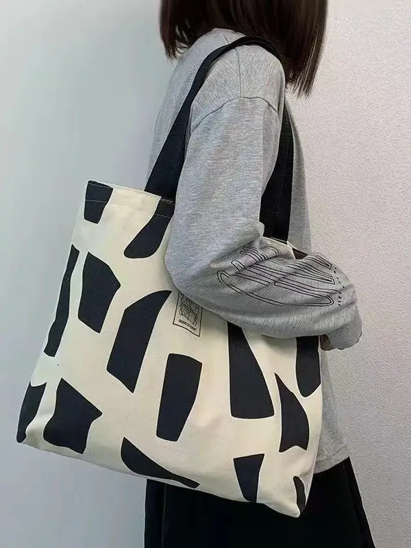 Women's Canvas Artistic Tote Bag Brown White Large Capacity