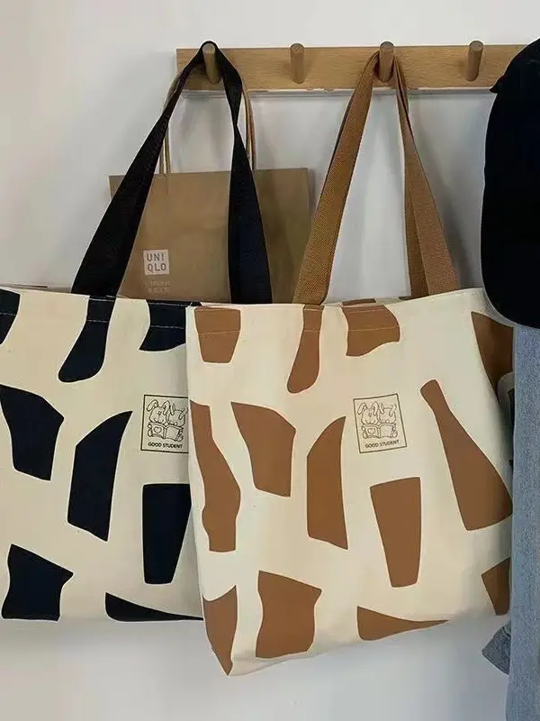 Women's Canvas Artistic Tote Bag Brown White Large Capacity