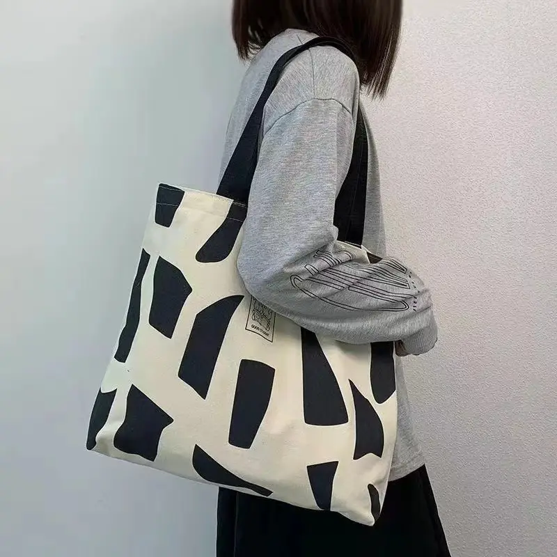 Women's Canvas Artistic Tote Bag Brown White Large Capacity — feature 6