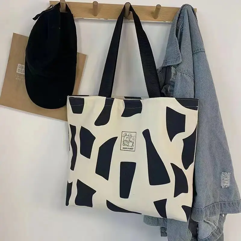 Women's Canvas Artistic Tote Bag Brown White Large Capacity — feature 7