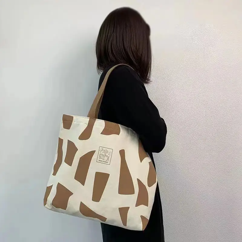 Women's Canvas Artistic Tote Bag Brown White Large Capacity — feature 9