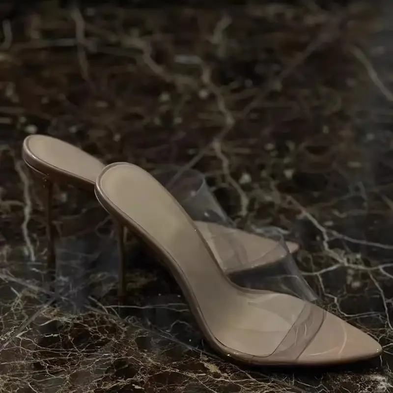 Cross-border Pointed Slippers Women's New plus size Foreign Trade Women's Shoes Transparent Upper One-line Stiletto Heel High Heel Slippers for Women - Image 3