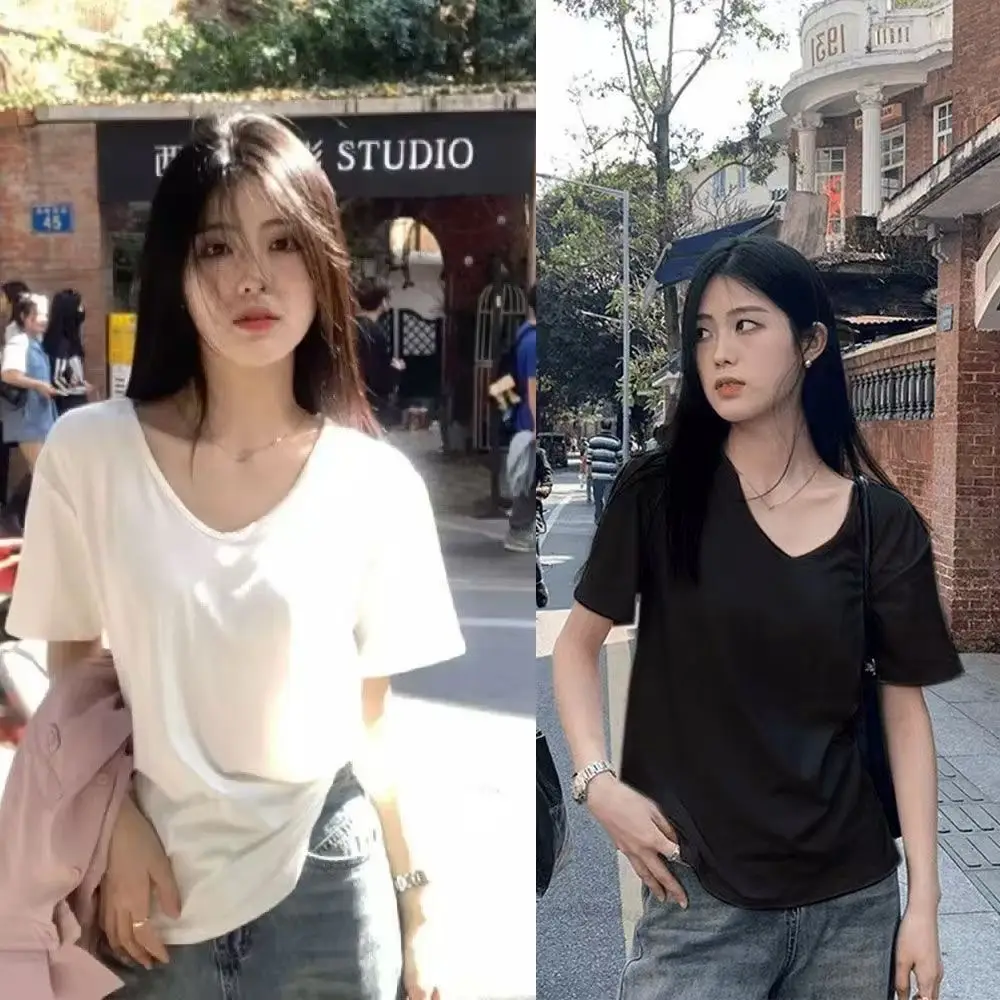Solid Color V-Neck Regular Shoulder Loose Fit Versatile Slimming Short-Sleeve Women's 2026 Summer Age-Reducing Casual T-Shirt Top Unisex Style