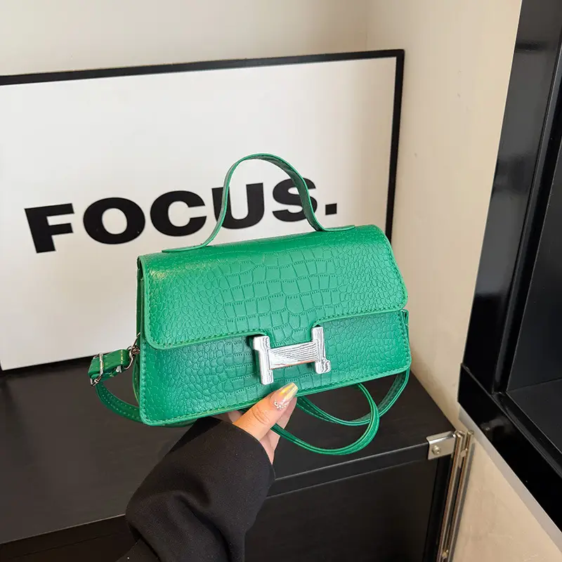 Green Croc Leather Shoulder Bag for Women - Image 6