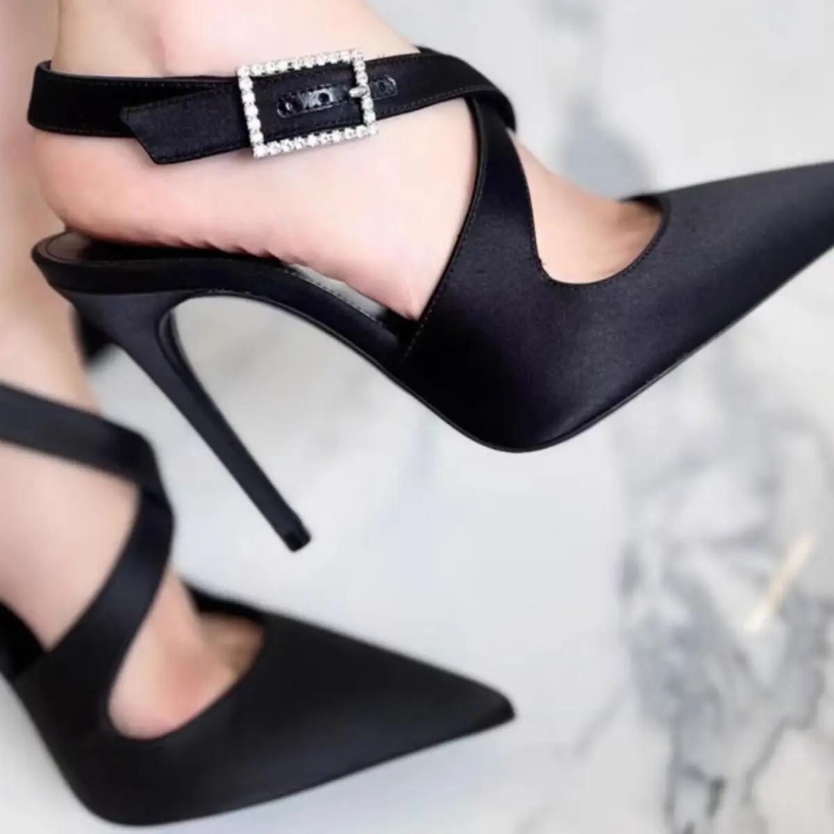 Black High Heeled French Sandals for Women Spring Summer