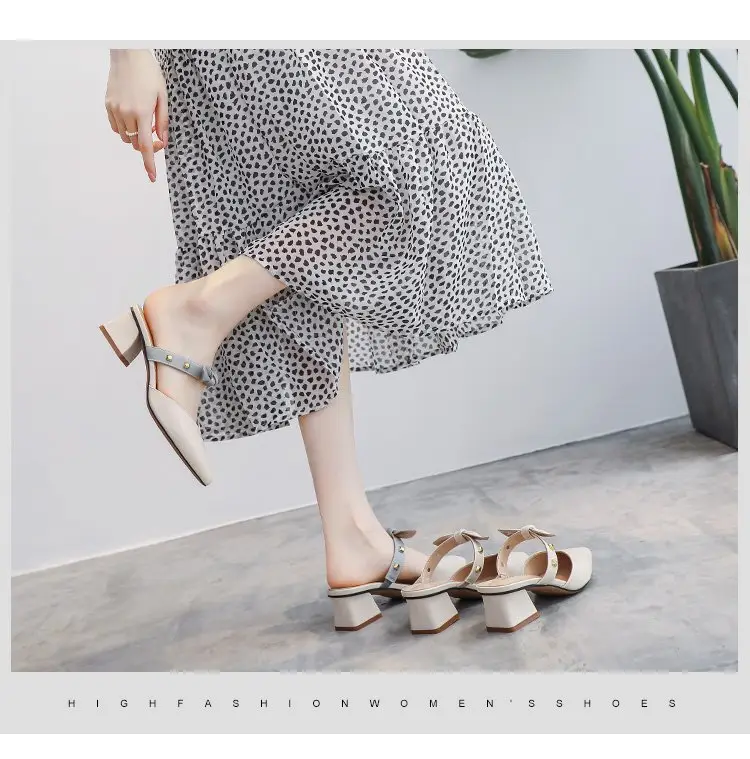 Baotou Half Slippers 2025 New Style Net Infrared Wear Fashion Half Slippers One Pedal Women's Pointed Mid-Heel Sandals with Skirt Shoes — feature 11