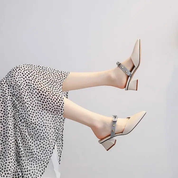 Baotou Half Slippers 2025 New Style Net Infrared Wear Fashion Half Slippers One Pedal Women's Pointed Mid-Heel Sandals with Skirt Shoes — feature 18