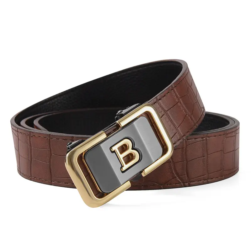 Men's Brown Croc Leather Belt with Gold Buckle - Image 4