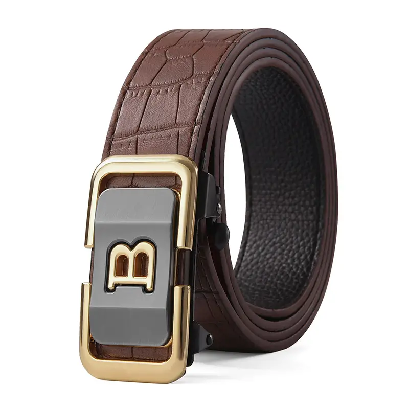Men's Brown Croc Leather Belt with Gold Buckle - Image 2