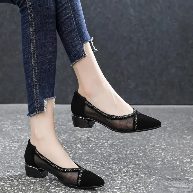 Breathable Mesh Sandals Women's 2025 New Summer Pointed Shallow Mouth Single-layer Shoes Thick Heel Flat All-match Comfortable Leather Shoes - Image 2