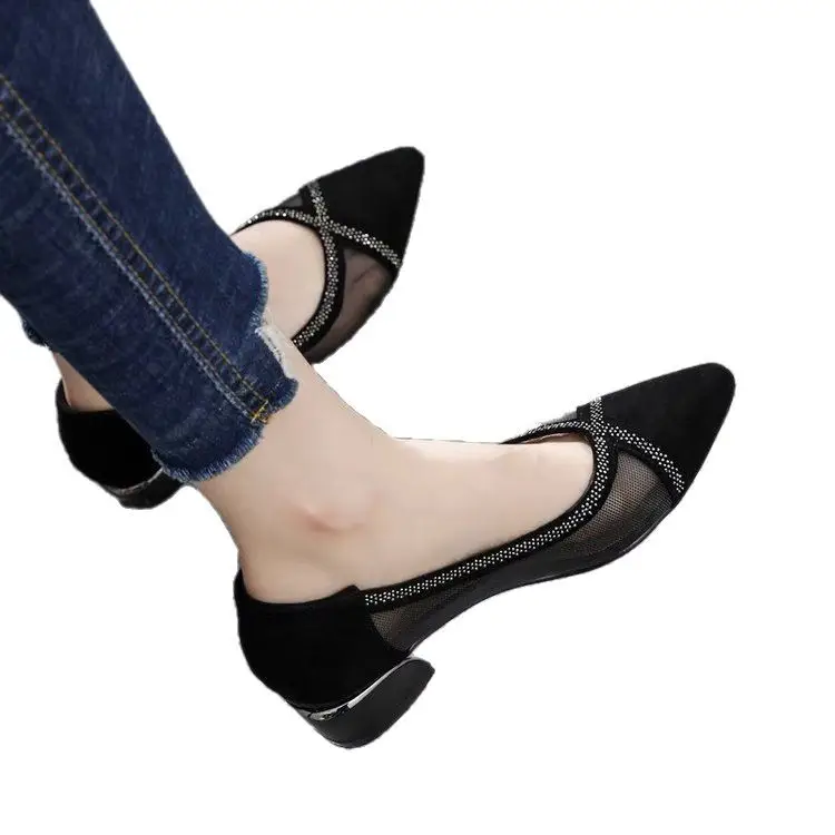 Breathable Mesh Sandals Women's 2025 New Summer Pointed Shallow Mouth Single-layer Shoes Thick Heel Flat All-match Comfortable Leather Shoes - Image 5