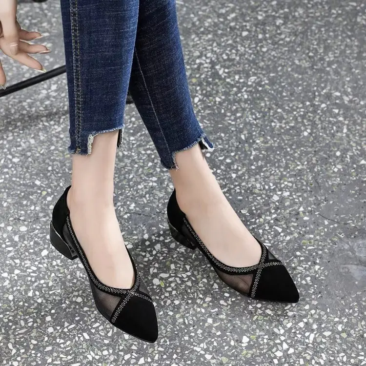 Breathable Mesh Sandals Women's 2025 New Summer Pointed Shallow Mouth Single-layer Shoes Thick Heel Flat All-match Comfortable Leather Shoes — feature 13