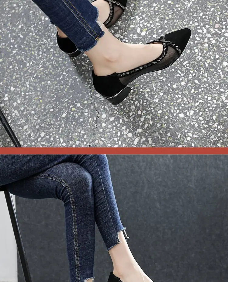 Breathable Mesh Sandals Women's 2025 New Summer Pointed Shallow Mouth Single-layer Shoes Thick Heel Flat All-match Comfortable Leather Shoes — feature 2