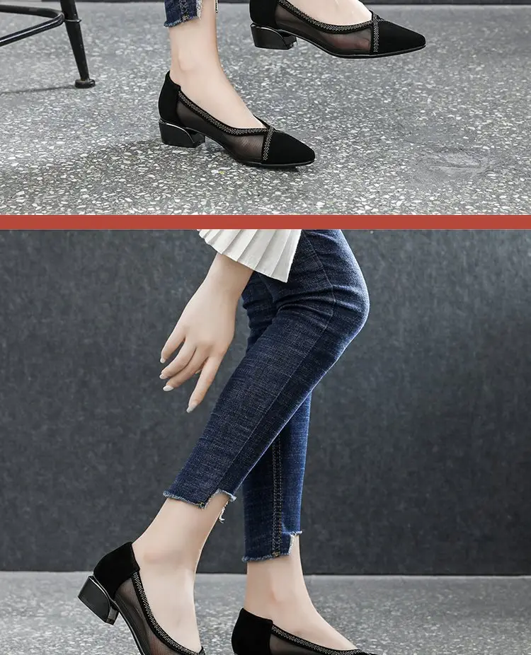 Breathable Mesh Sandals Women's 2025 New Summer Pointed Shallow Mouth Single-layer Shoes Thick Heel Flat All-match Comfortable Leather Shoes — feature 3