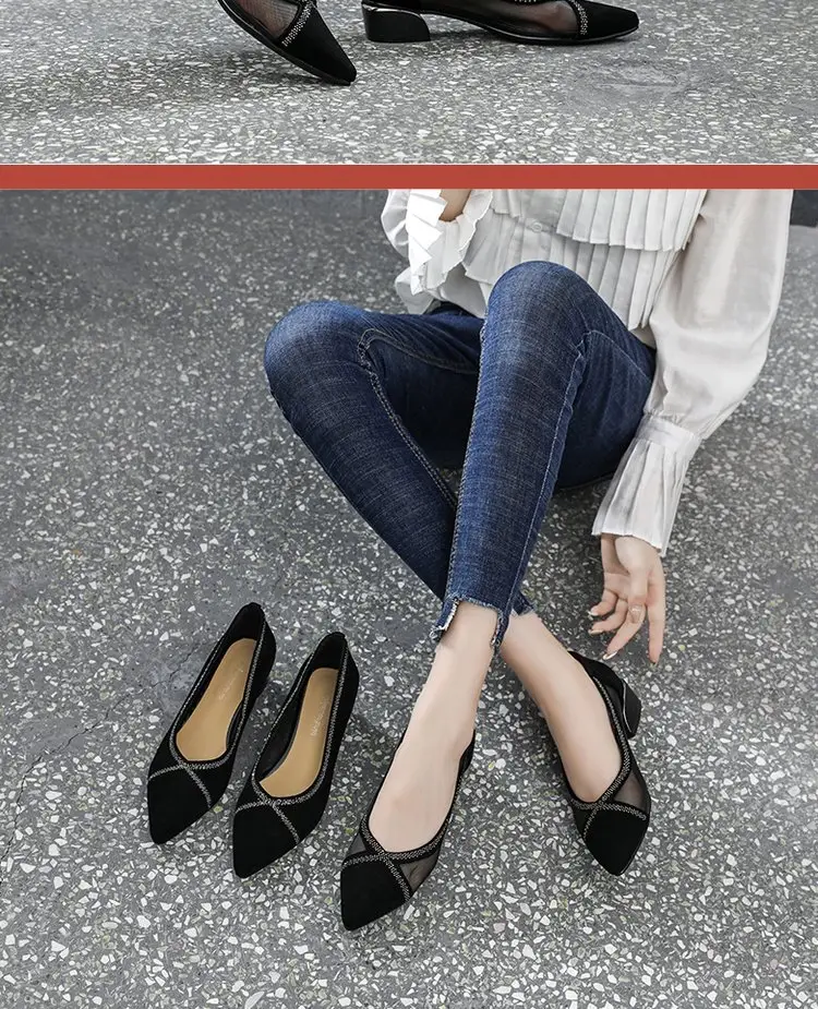Breathable Mesh Sandals Women's 2025 New Summer Pointed Shallow Mouth Single-layer Shoes Thick Heel Flat All-match Comfortable Leather Shoes — feature 4