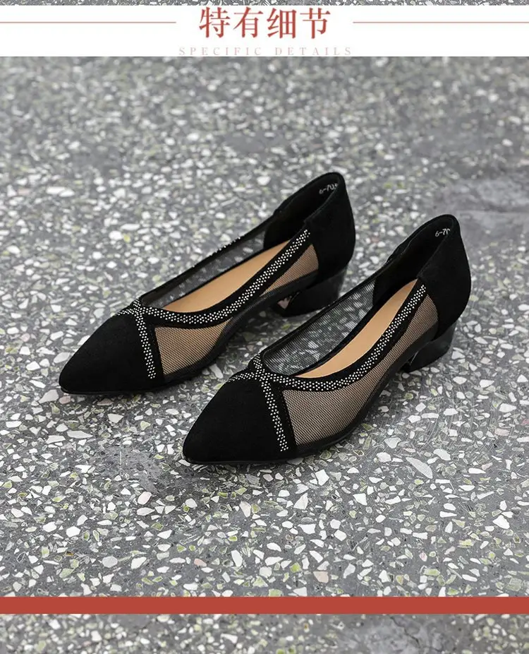 Breathable Mesh Sandals Women's 2025 New Summer Pointed Shallow Mouth Single-layer Shoes Thick Heel Flat All-match Comfortable Leather Shoes — feature 5