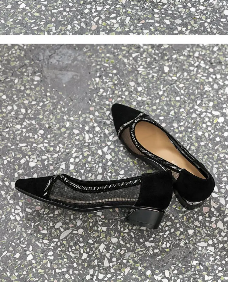 Breathable Mesh Sandals Women's 2025 New Summer Pointed Shallow Mouth Single-layer Shoes Thick Heel Flat All-match Comfortable Leather Shoes — feature 9