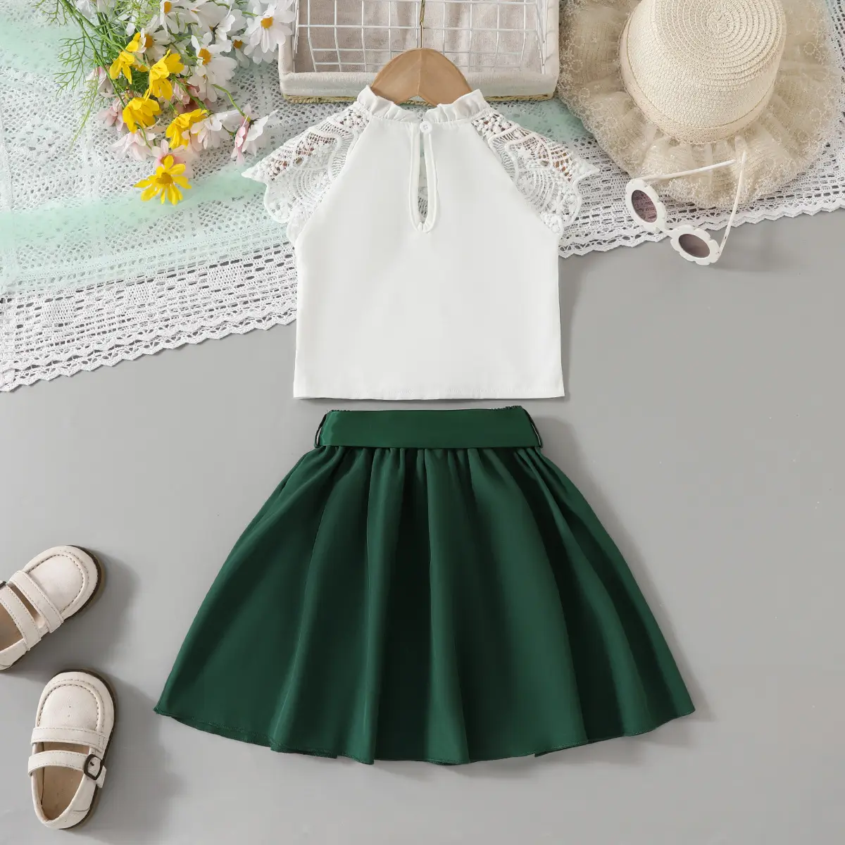 White Pleated Mesh Top Skirt Set for Girls
