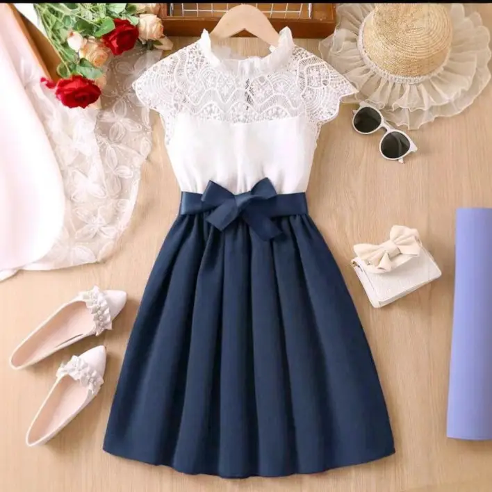 White Pleated Mesh Top Skirt Set for Girls