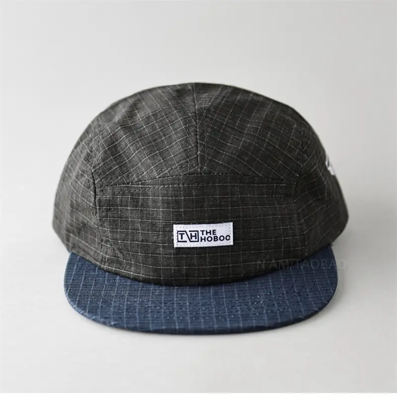 Men Vintage Check Flat Brim Cap with Duck Logo