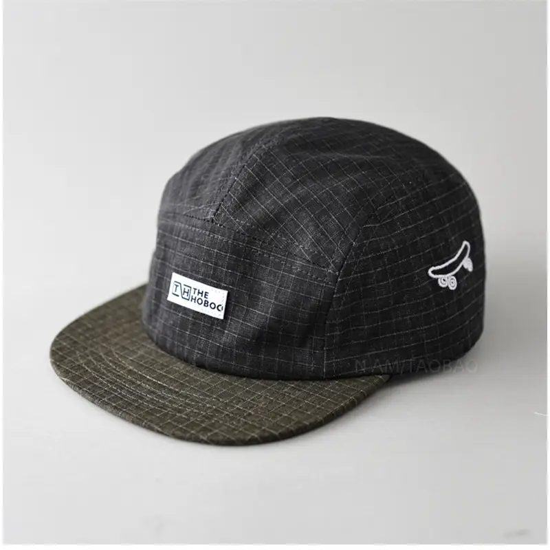 Men Vintage Check Flat Brim Cap with Duck Logo