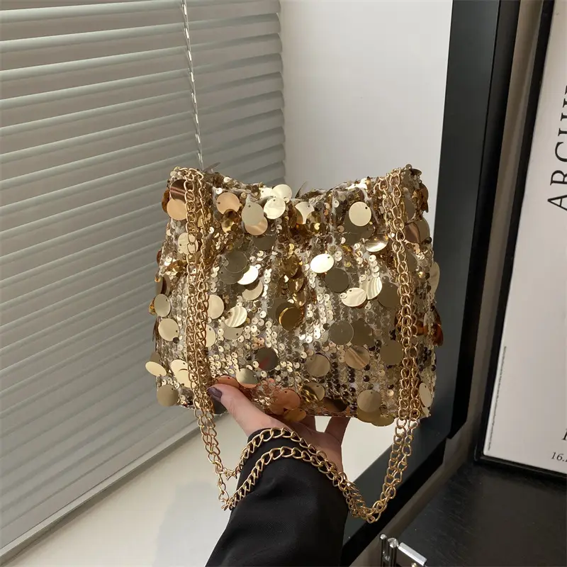 Trendy Gold Sequin Chain Shoulder Bag for Women