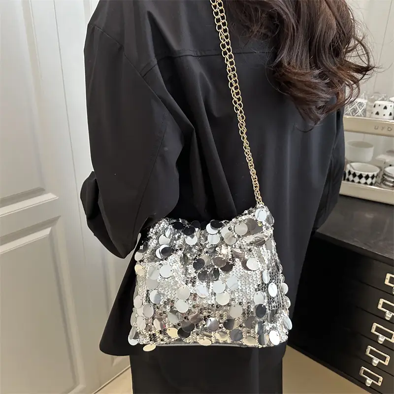 Trendy Gold Sequin Chain Shoulder Bag for Women