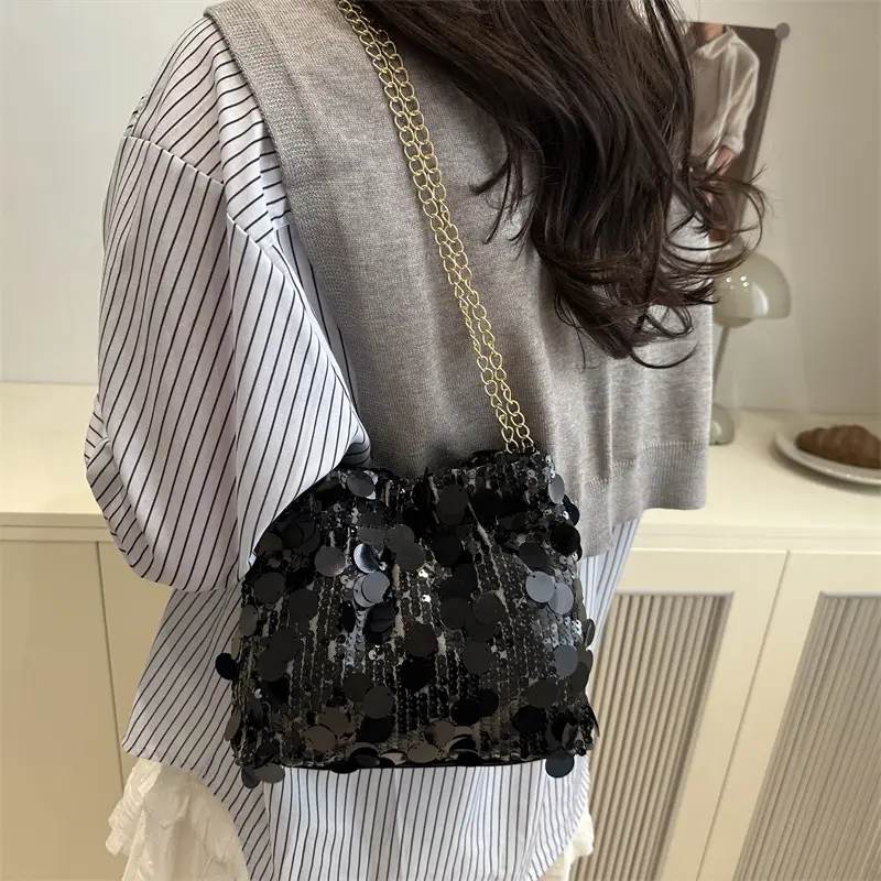 Trendy Gold Sequin Chain Shoulder Bag for Women