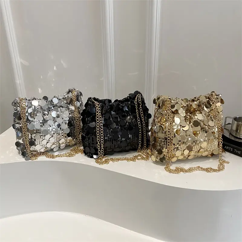 Trendy Gold Sequin Chain Shoulder Bag for Women