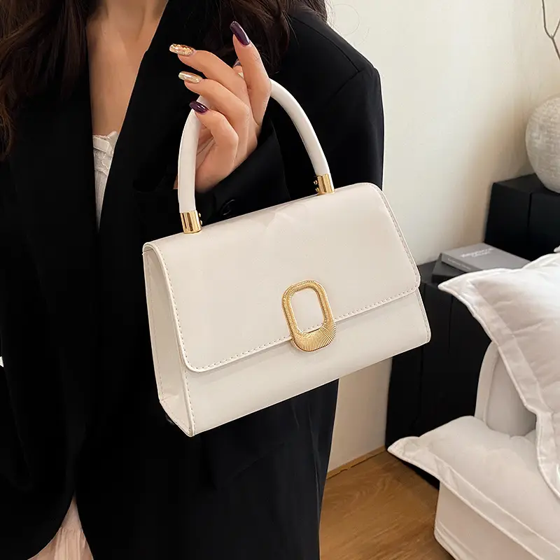 White Square Handbag with Gold Clasp for Women
