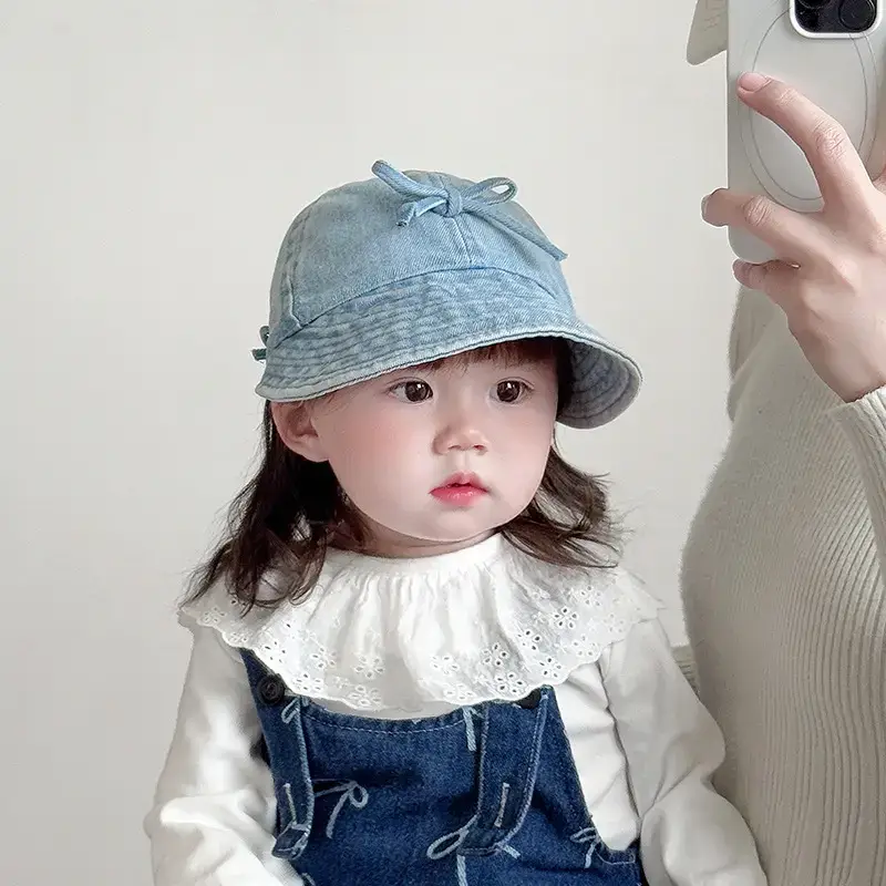 Kids Denim Bucket Hat with Blue Bristle & Korean Bow - Image 5